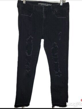 American Eagle Elder Emo Black Destroyed Stretch Denim Jeans Size 10 Tapered Leg